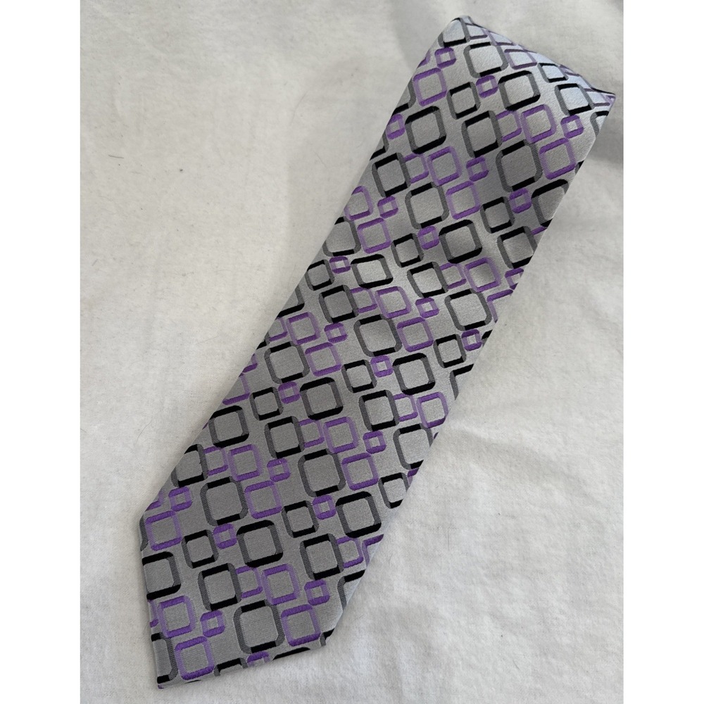 Henry Grethel Classic Silk Tie Geo Square Pattern Handmade Silver Purple 3.5"